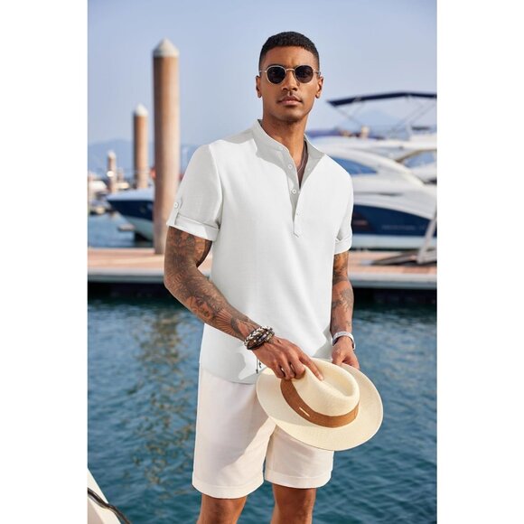 Men's Casual Henley Short Sleeve Band Collar Linen Summer Beach Hippie T-Shirts - Picture 4 of 7